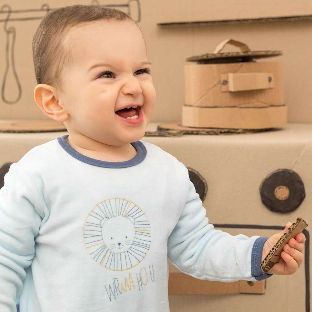 Boy Pyjamas With Blue Velvet Lion Print Back Closure