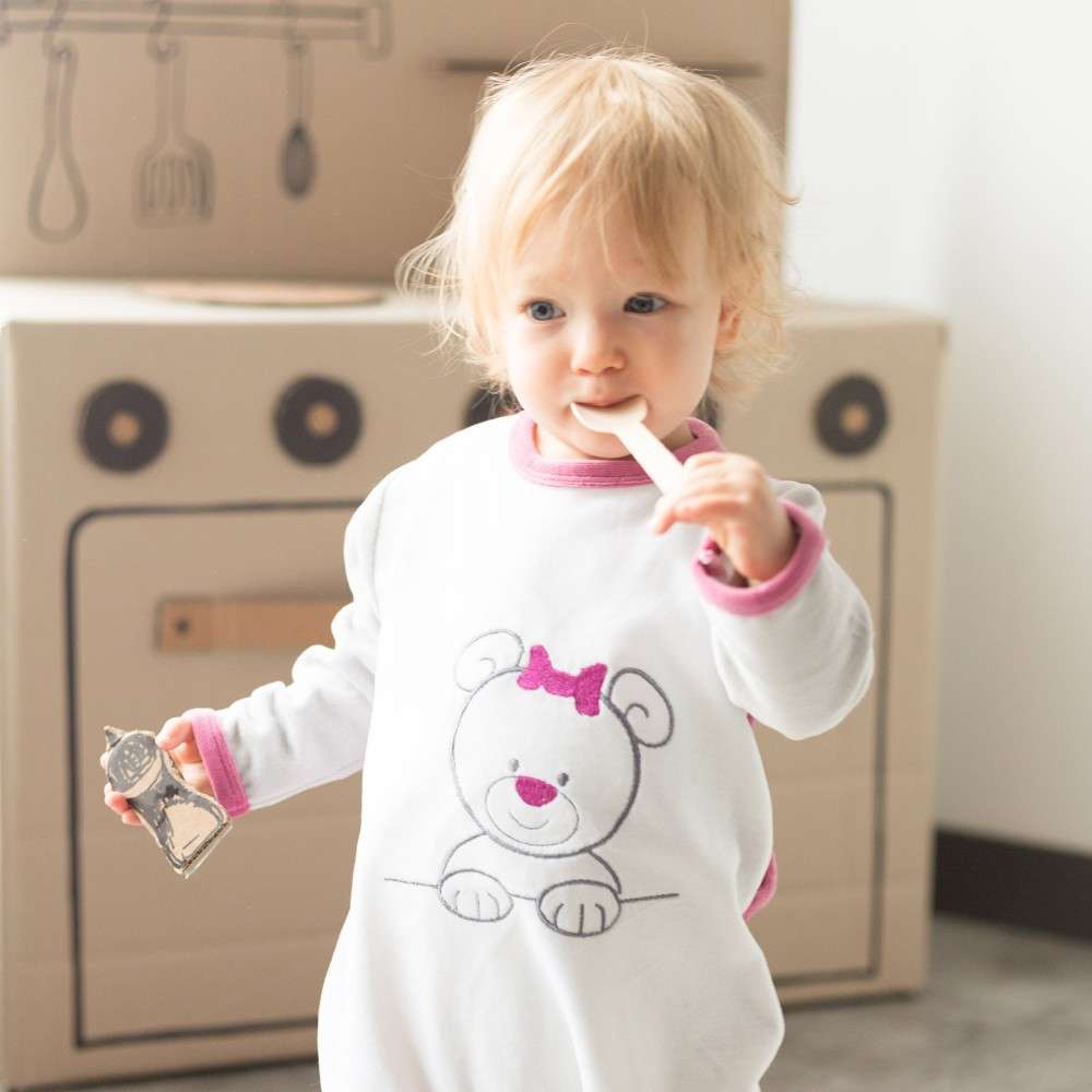 Baby Boy Sleepsuit Teddy Bear White Pink Kinousses