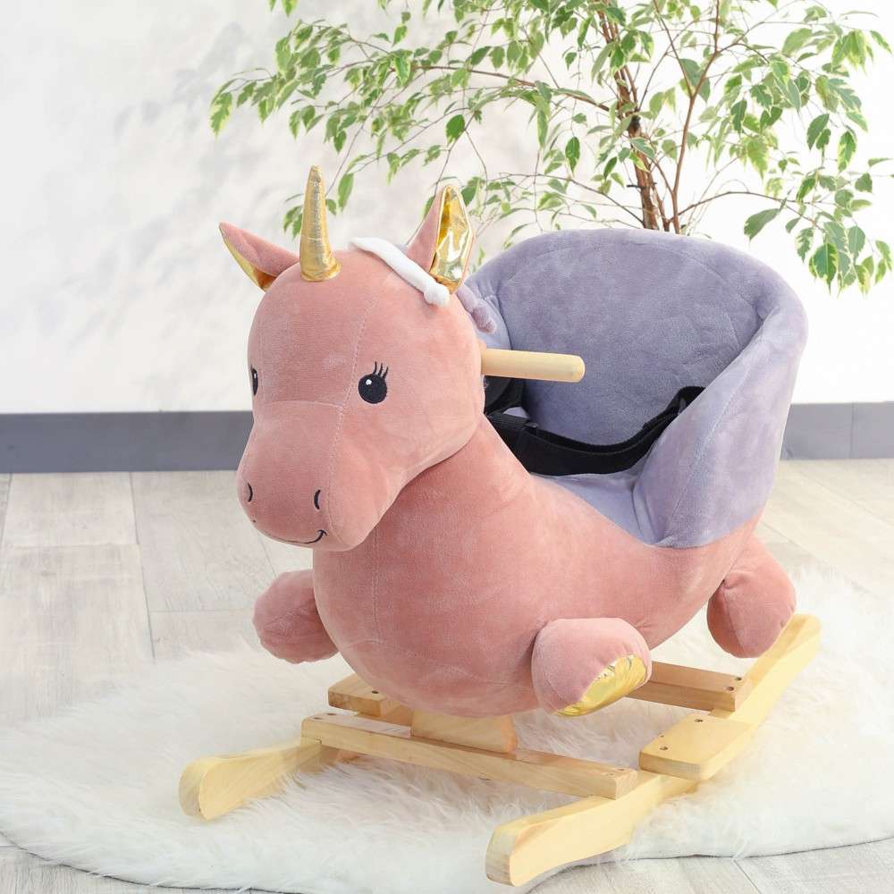 Peluche Licorne Bascule Pour Bebe Fille 10 36 Mois Rose Avec Harnais