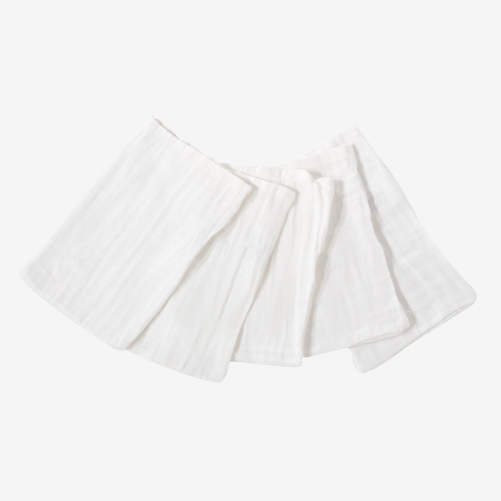 5 Gants De Toilette Bebe En Mousseline De Coton Blanc