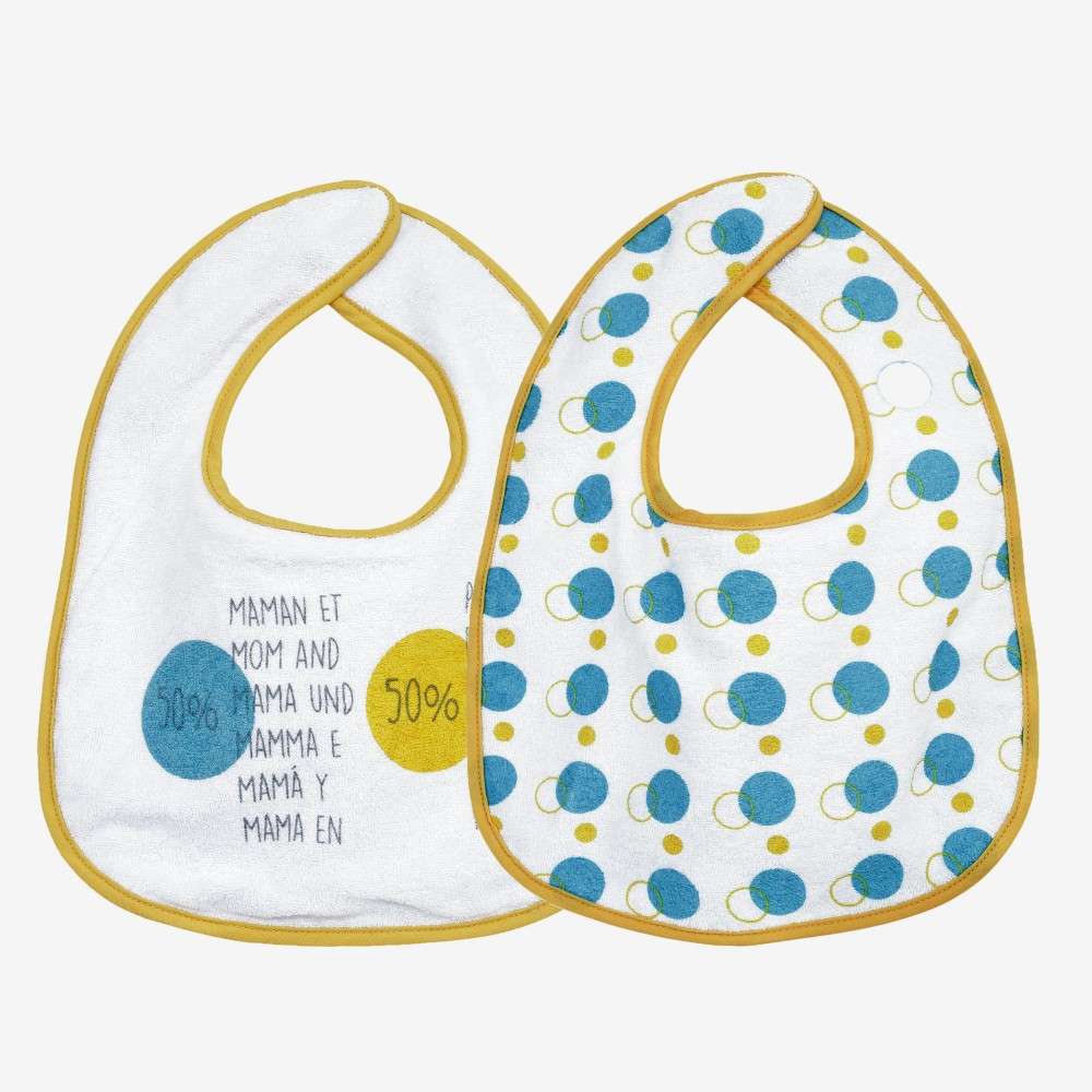Set De 2 Bavoirs Bebe En Eponge 22x30 Cm Moutarde Et Bleu