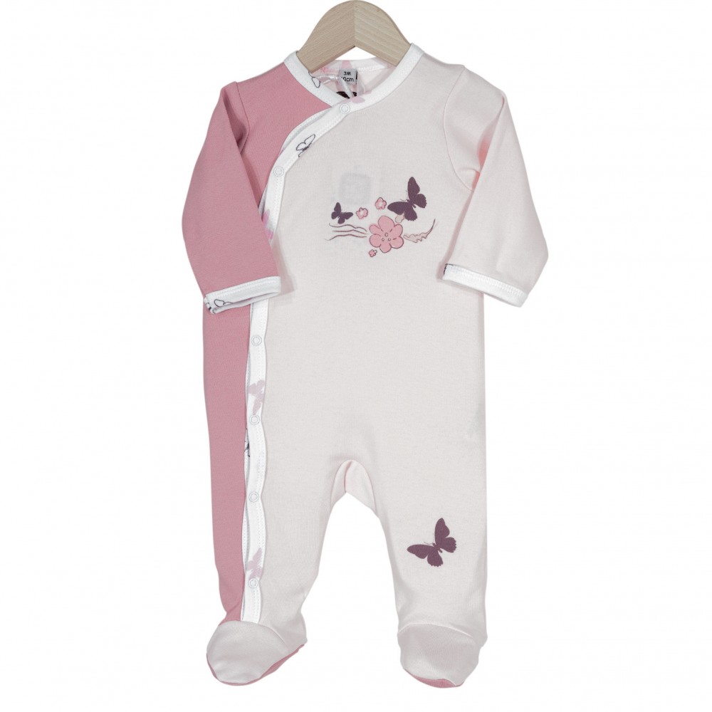 Pyjama Ã©tÃ© bÃ©bÃ© en jersey blanc et rose Ã  ouverture devant - Kinousses