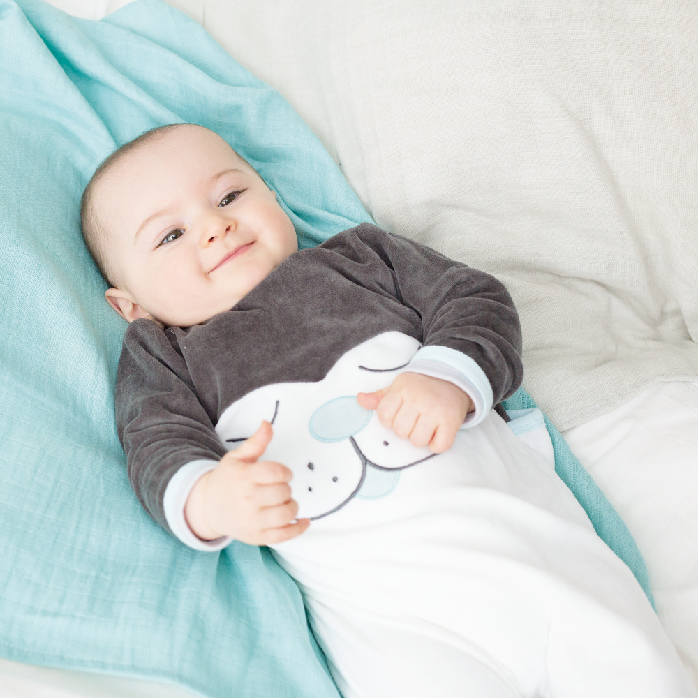Baby Boy Pyjamas Made Of Velvet Embroidered By A Cat S Head