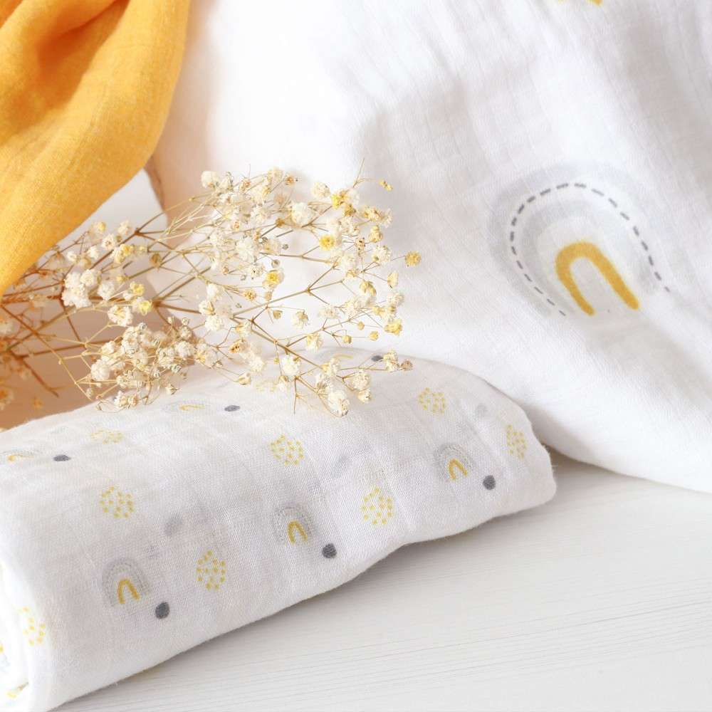 Lot De 3 Langes Moutardes Imprimes Arc En Ciel En Pur Coton Oeko Tex